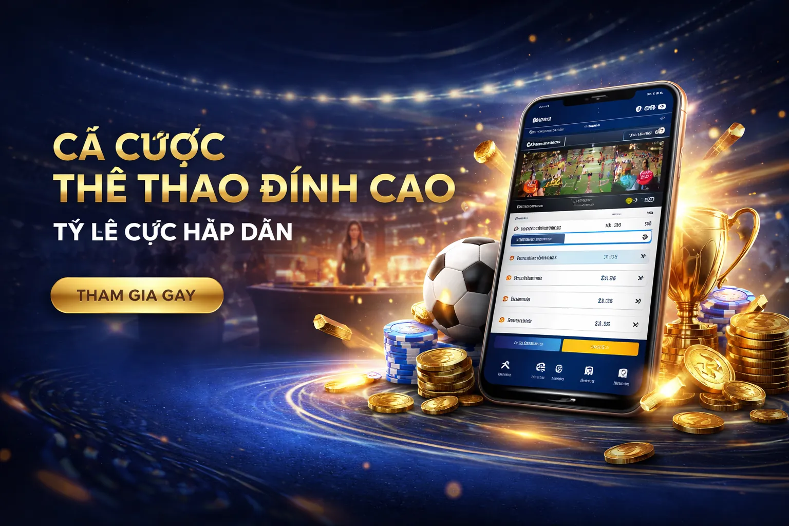Sân vận động đầy ắp khán giả với các biểu tượng cá cược thể thao